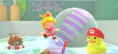 Squeaky Clean Sprint: Baby Peach driving the Hot Pot Hot Rod while using the Bubble item