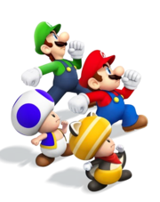 Artwork of Mario, Luigi, Blue Toad and Flying Squirrel Yellow Toad from New Super Mario Bros. U