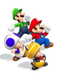 Artwork of Mario, Luigi, Blue Toad and Flying Squirrel Yellow Toad from New Super Mario Bros. U