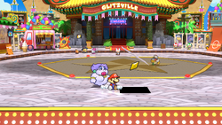 Mario getting the Star Piece under a hidden panel in the south corner of Glitzville in the remake of the Paper Mario: The Thousand-Year Door for the Nintendo Switch.