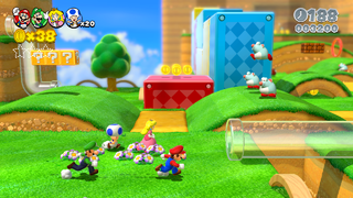 Screenshot of the playable characters in Really Rolling Hills in Super Mario 3D World