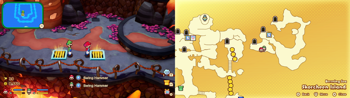 Mario and Luigi near 2 vents containing 40 Five Coins on Skorcheen Island of Mario & Luigi: Brothership.