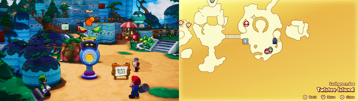 Mario and Luigi being given a Nut by the Concordia Hammer-Rally machine on Twistee Island of Mario & Luigi: Brothership.