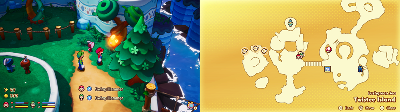 Mario and Luigi near a Sprite Bulb Nest on Twistee Island of Mario & Luigi: Brothership.