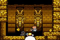 Wario Land 4 screenshot showing Arewo Shitain-hakase jumping on Wario in order to exit the Golden Pyramid first.