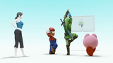 Wii Fit Trainer watches Mario, Link, and Kirby do a pose.