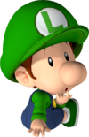 Baby Luigi sitting down.