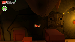 Mario standing near 5 Coins in Earth Vellumental Temple of The Origami King.