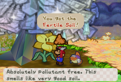 Mario receiveing Fertile Soil from Posie in Flower Fields of Paper Mario.