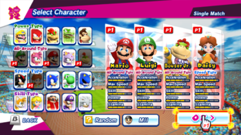Character select screen for Mario & Sonic at the London 2012 Olympic Games (Wii).