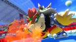 Bowser, in his tennis outfit, entering a match