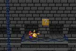 Image of Mario revealing a hidden ? Block in Bowser's Castle, in Paper Mario.