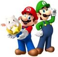 Mario holding Tamadra with Luigi standing next to him