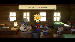 Mario getting 200 Coins from the Rogueport innkeeper in Paper Mario: The Thousand-Year Door for Nintendo Switch.