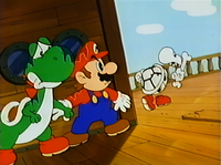 Yoshi and Mario board the Sunken Ghost Ship.