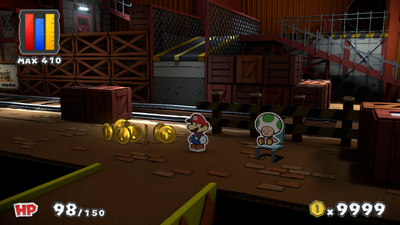 Mario near 8 Coins in Toad Trainworks of Paper Mario: Color Splash.