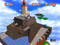 Screenshot of Whomp's Fortress from Super Mario 64.