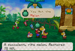 Mario receiveing a Melon from yellow Yoshi in the Yoshi's Village of Paper Mario.