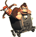 Donkey and Diddy Kong in a Minecart from the North American and PAL box art.
