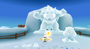 Fire Luigi throws a Fireball at a Bowser snow statue.