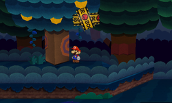 Mario near a tree containing the Bowser Tape scrap, 2 Coins and a Heart in Holey Thicket of Paper Mario: Sticker Star.