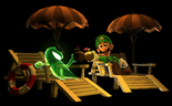Luigi and a Greenie with sunglasses relaxing on deck chairs