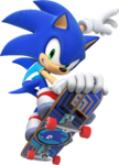 Sonic the Hedgehog skateboarding.