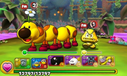 Screenshot of a Gold Goomba in Special World 5-4, from Puzzle & Dragons: Super Mario Bros. Edition.
