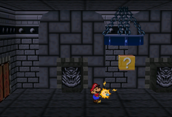 Image of Mario revealing a hidden ? Block in Bowser's Castle, in Paper Mario.