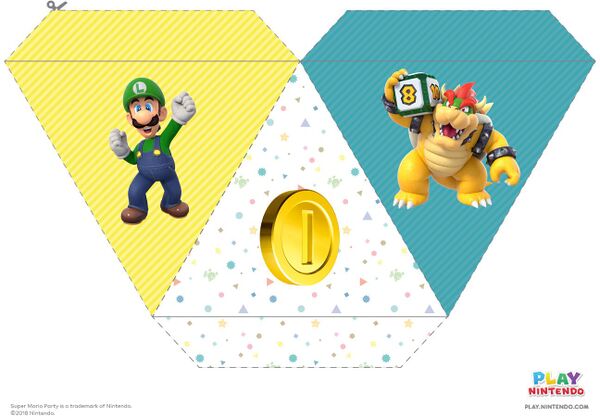 Printable sheet for three Super Mario Party pennants, showing Luigi, a coin, and Bowser holding a Dice Block