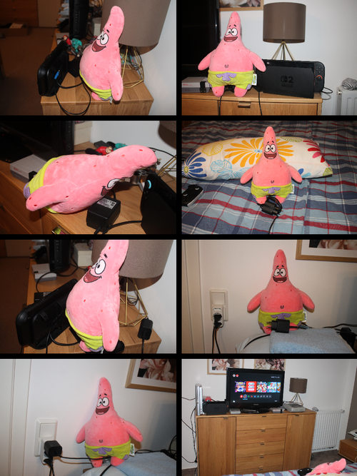 Eight photographs are shown in comic format, arranged left to right, top to bottom. The first shows Patrick trying to plug what is obviously the wrong AC adapter into the Switch 2 dock. The second shows Patrick trying to power on the Switch 2, but the Switch 2 shows a "no power" screen. The third shows Patrick looking at the AC adapter and realizing that this AC adapter is for the SNES and not the Switch 2. Patrick was dumb about the AC adapter. The fourth shows Patrick getting the actual AC adapter for the Switch 2. In the fifth, Patrick plugs the actual AC adapter into the Switch 2 dock. In the sixth, Patrick is shown with a Switch 2 adapter and is near an electrical socket for plugging it in, while the seventh panel shows Patrick with the Switch 2 AC adapter, which is plugged into the socket. In the eighth and final image, Patrick is finally playing games in peace.