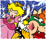 A self-defensive Princess Peach slapping Bowser, stopping one of his attempts to kidnap her