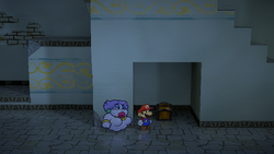 Second treasure chest in the Rogueport Underground in the remake of Paper Mario: The Thousand-Year Door for the Nintendo Switch.