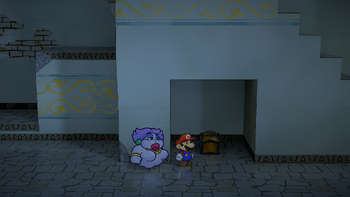 Second treasure chest in the Rogueport Underground in the remake of Paper Mario: The Thousand-Year Door for the Nintendo Switch.