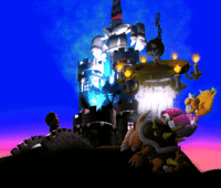 A scene of the appearance of Exor remaining on Bowser's Keep while Bowser and Princess Toadstool are knocked off. Mario glares at the very castle.