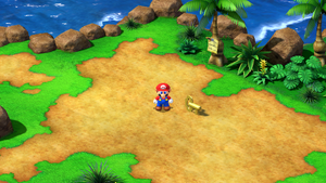 Mario finding the Shed Key after defeating Speardovich in Seaside Town of Super Mario RPG.