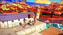 Mario standing near 2 lamp posts containing a Coin each in Shogun Studios of The Origami King.