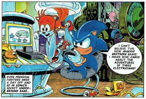 Sonic plays a game parodying the Super Mario (series).