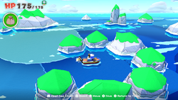 Location of where to dive for a chest containing a Coin Bag in The Great Sea of The Origami King.