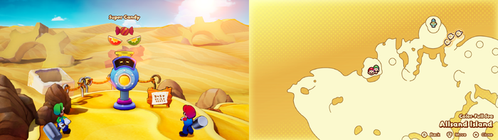 Mario and Luigi being given a Super Candy by the Concordia Hammer-Rally machine on Allsand Island of Mario & Luigi: Brothership.