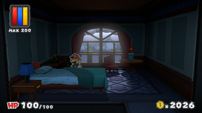 Mario near the unrevealed ghost in the Room 301 of Dark Bloo Inn of Paper Mario: Color Splash.