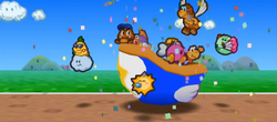 Mario's eight party members celebrating on the Star Ship at the end of the game.