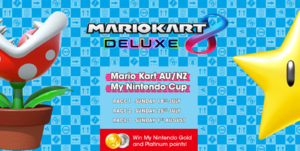 Banner for the Mario Kart AU/NZ My Nintendo Cup event held in Mario Kart 8 Deluxe, showing the date of each tournament in the event