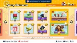 Screenshot of Merry Mini-Land's level select screen from the Nintendo Switch version of Mario vs. Donkey Kong