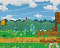 Mario getting the Star Piece in the background of Petal Meadows in Paper Mario: The Thousand-Year Door.