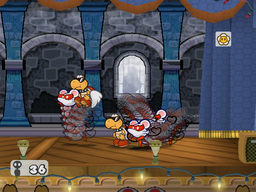 Ms. Mowz using Tease on a Paratroopa and a Koopa in Hooktail Castle
