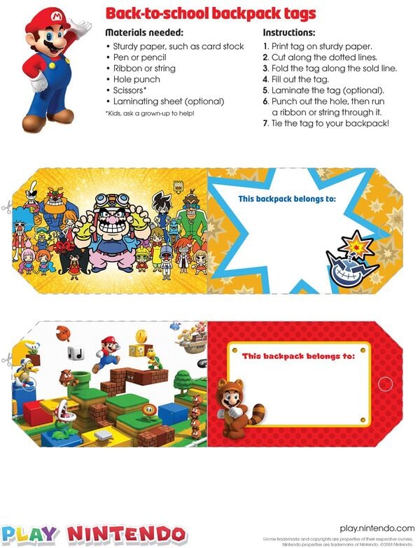 Printable sheet for backpack tags branded with various Nintendo 3DS games, such as WarioWare Gold and Super Mario 3D Land