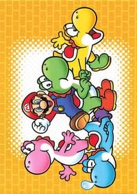 Line drawing card from the Super Mario Trading Card Collection featuring Mario and several multicolored Yoshis, including the main Yoshi character
