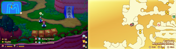 Mario and Luigi near wooden crates containing a Coin and a Five Coin on Raynforst Island of Mario & Luigi: Brothership.