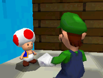 Luigi talks to a Toad